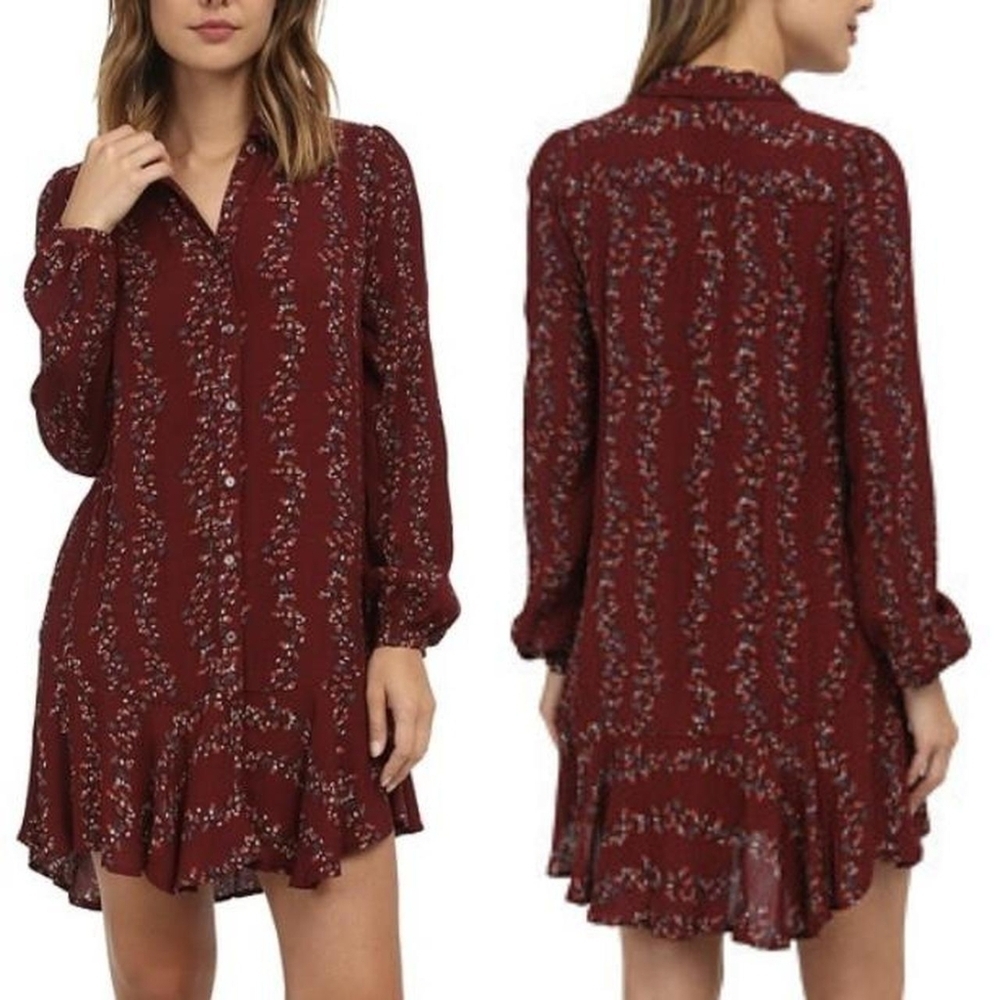 Free People Red Long Sleeve Dress Shirt with Bishop Sleeves size XS